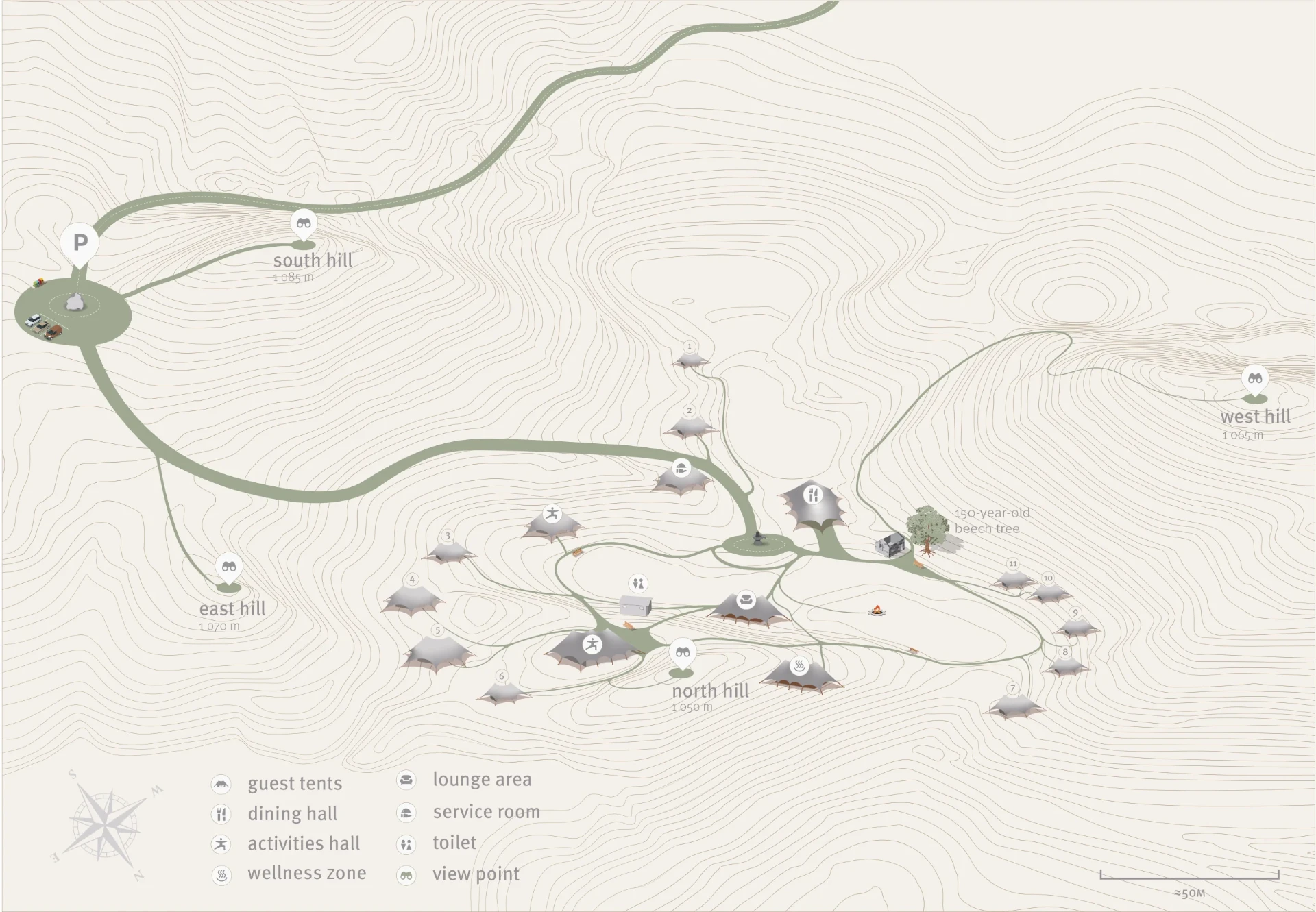 Illustrated layout map of ašuma showing its hills, safari tents, practice halls, dining hall and wellness areas